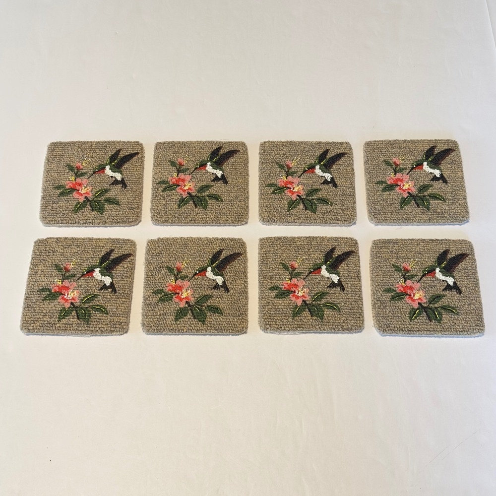 Hummingbird Carpet Coasters Set of 8 Floral Tan Square 4x4 Cottagecore Chic - Picture 2 of 8
